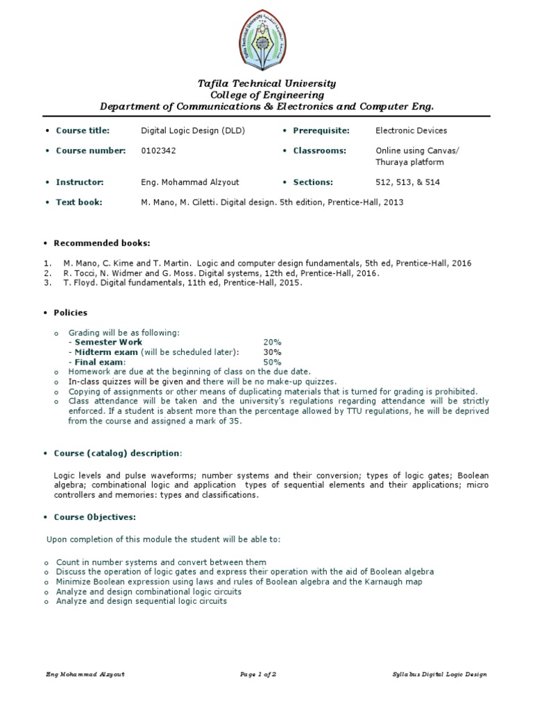Syllabus DLD Fall 2020-2021 | PDF | Logic Synthesis | Logic Gate