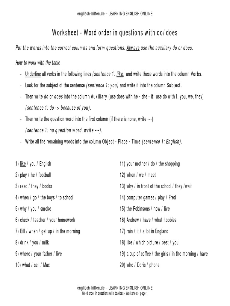 Worksheet - Word Order in Questions With Do/does | PDF | English ...