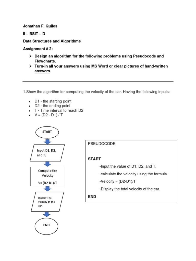 Algorithm Design: Pseudocode and Flowcharts for Computing Velocity ...