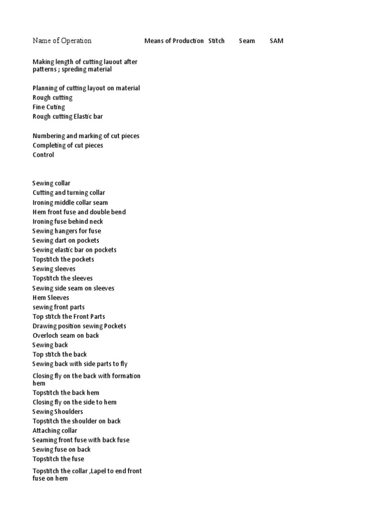Jacket Operational Breakdown PDF Sewing Seam (Sewing)
