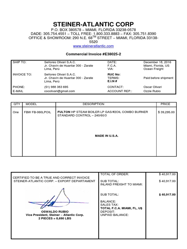 Commercial Invoice for Fulton Boiler | PDF