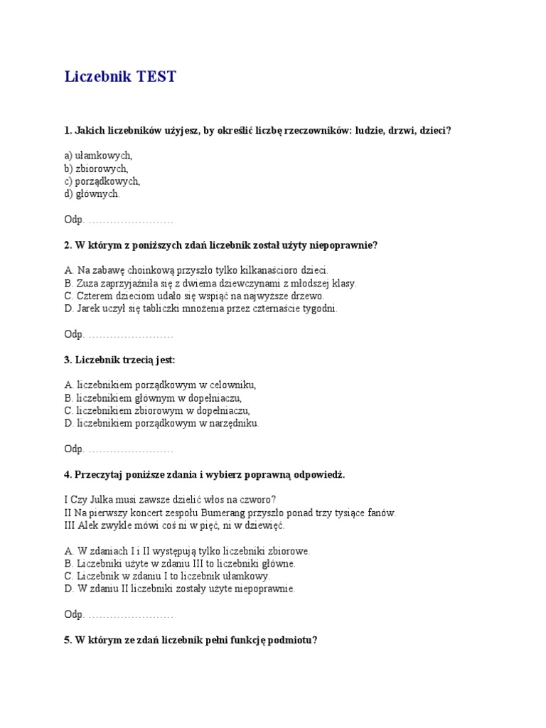 Test ćwiczeniowy Z Matematyki W Klasie Trzeciej