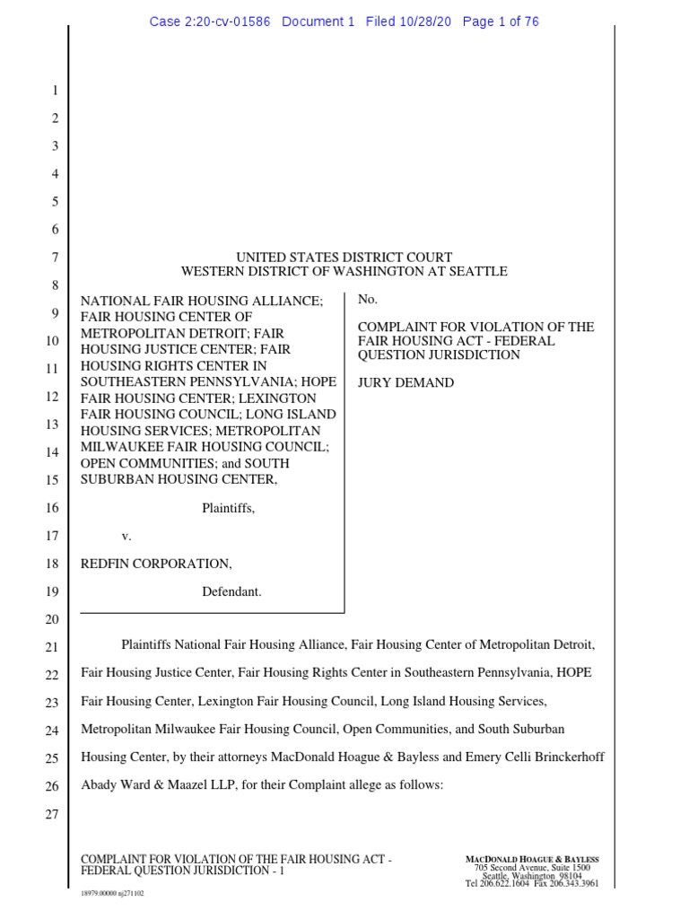 Redfin Filed Complaint PDF PDF Real Estate Broker Sales