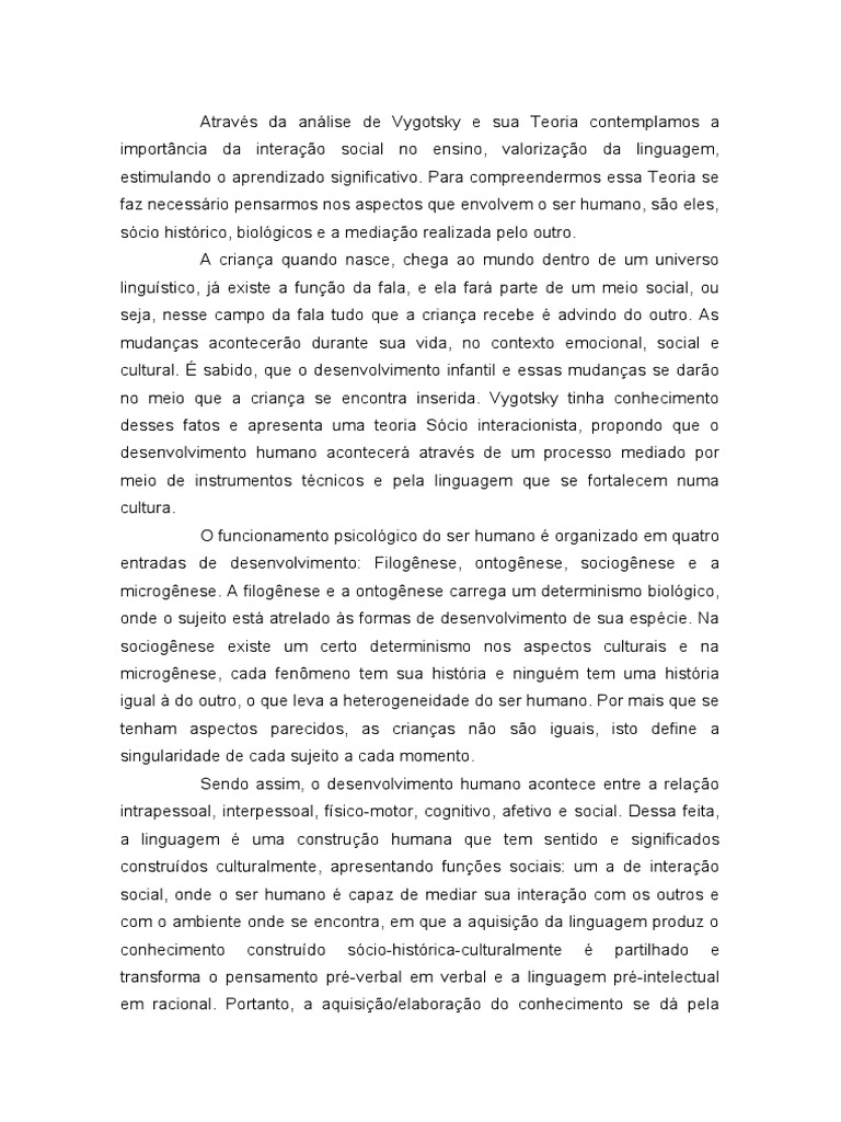 Teoria Sociointeracionista de Vygotsky | PDF | Aprendizado | Sociologia