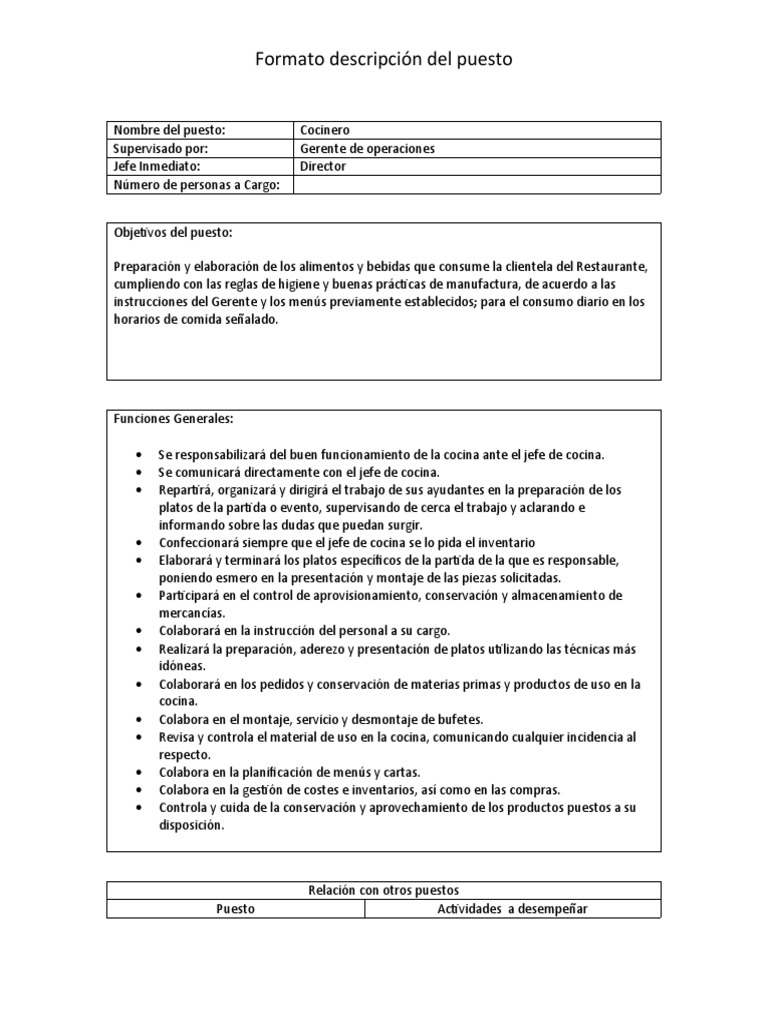 Descripción del Puesto: Cocinero | PDF | Artes culinarias | Alimentos