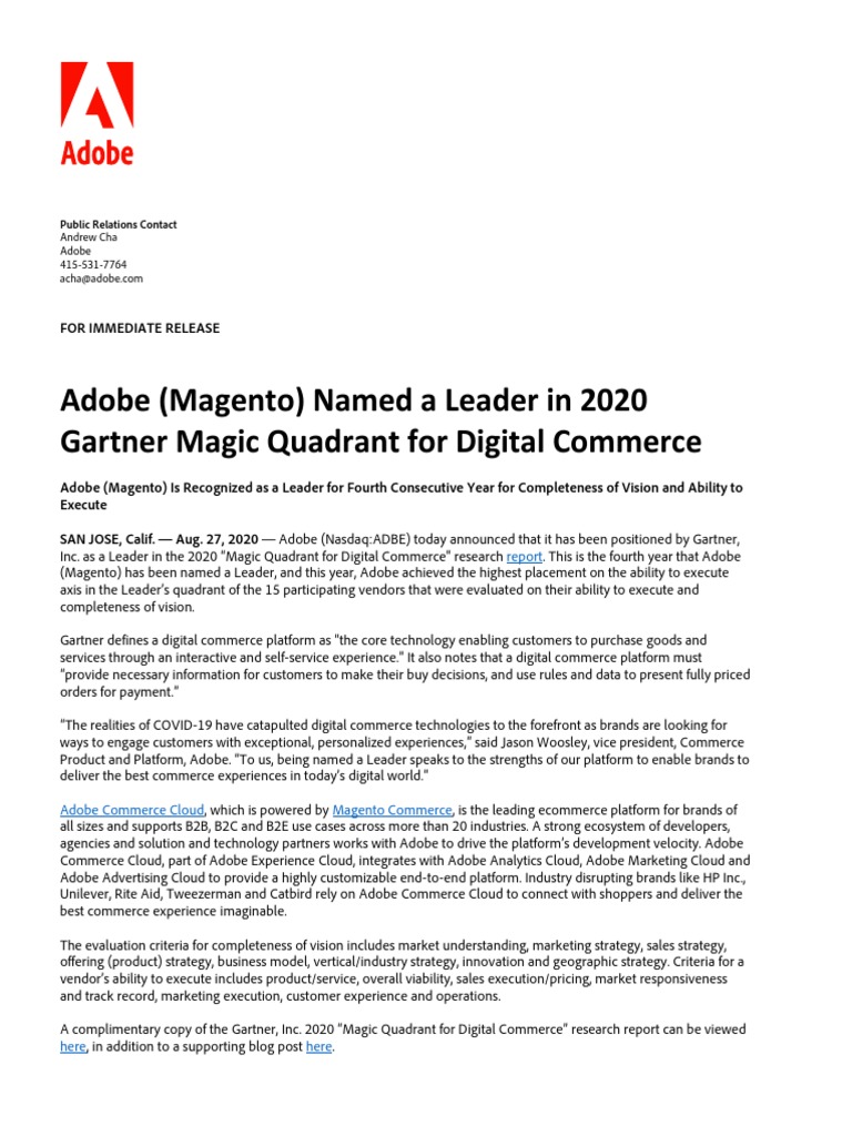 Adobe (Magento) Named A Leader in 2020 Gartner Magic Quadrant For