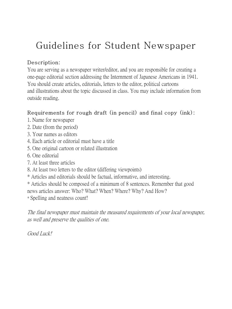 Student Newspaper Guidelines: 1941 Internment | PDF | General Fiction