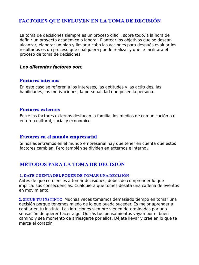 Factores en la Toma de Decisiones | PDF | Toma de decisiones | Ciencia ...