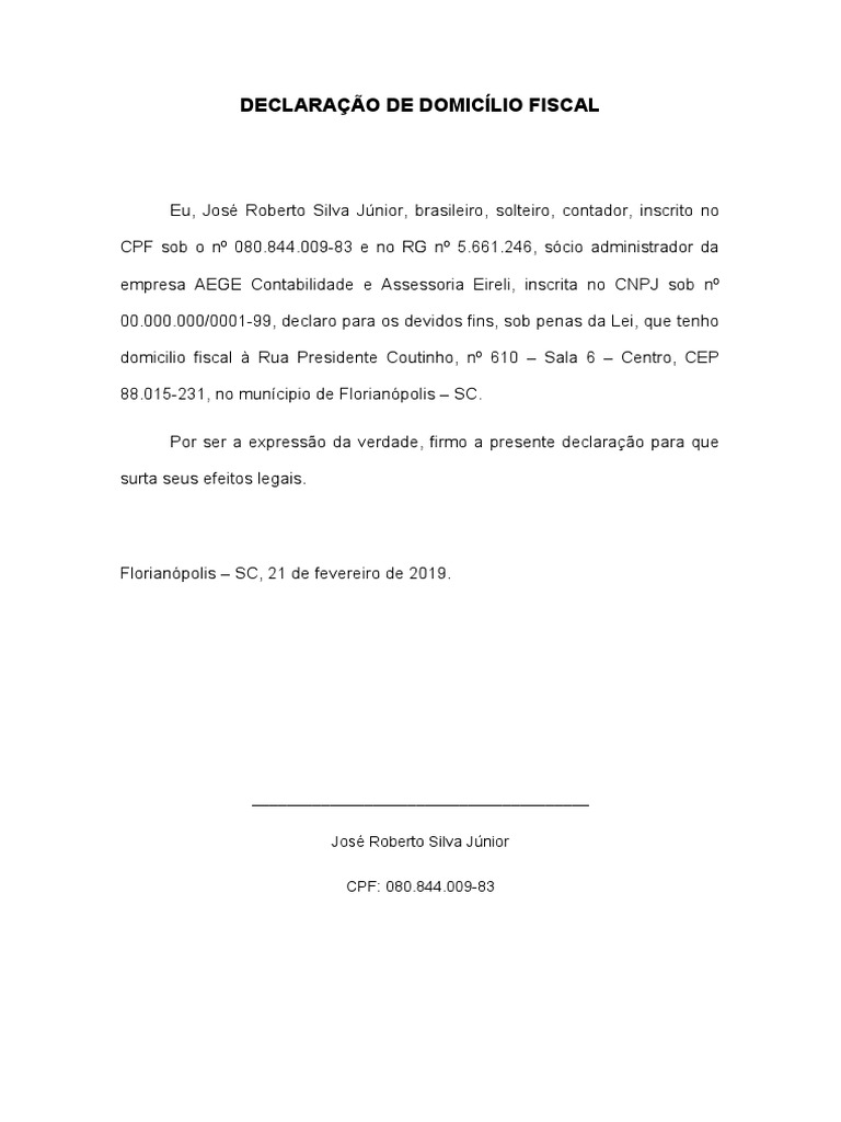 Declaração de Domicílio Fiscal | PDF