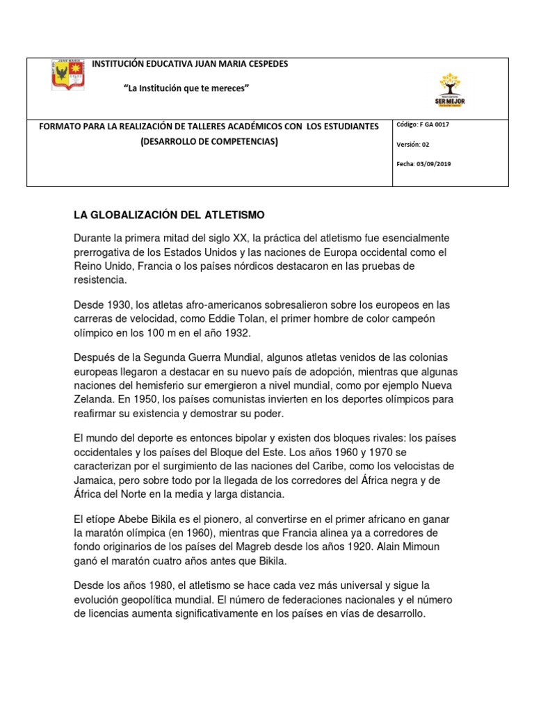 Taller 2 (Atletismo Lo Que Debemos Saber) | PDF | Deporte del atletismo ...