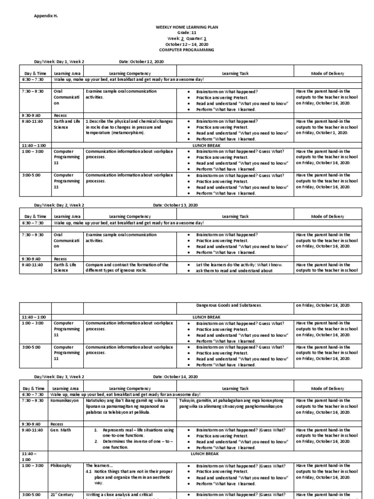 Appendix H. Weekly Home Learning Plan | PDF | Learning | Teachers