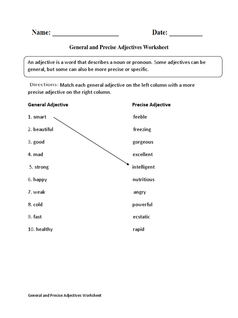 General and Precise Adjectives Worksheet PDF