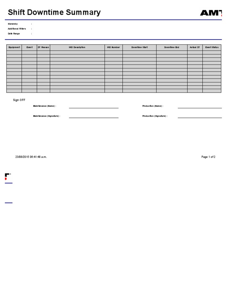 Shift Downtime Summary: Hierarchy: Additional Filters: Date Range | PDF