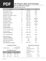 AS Physics Data and Formulae: For Use in Exams From The June 2016 Series Onwards