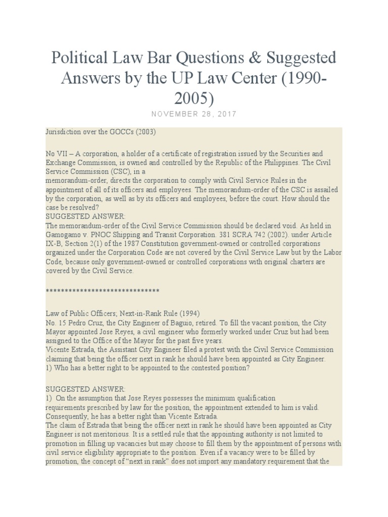 Political Law Bar Questions & Suggested Answers by The UP Law Center