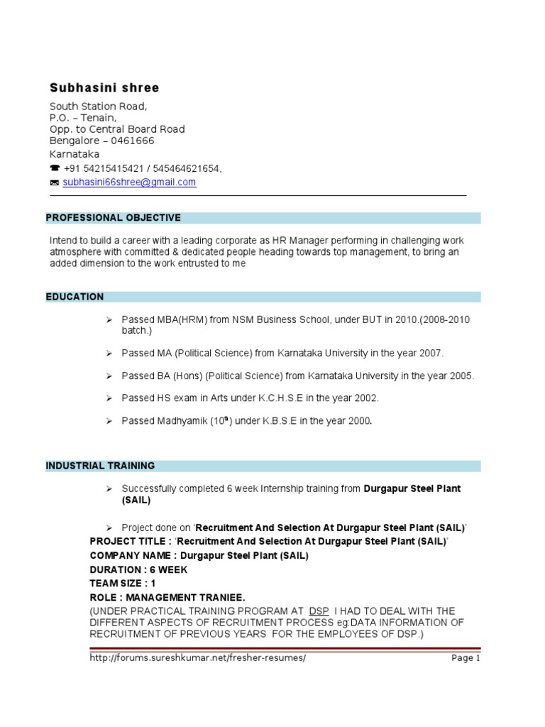 resume format for mba hr freshers free download