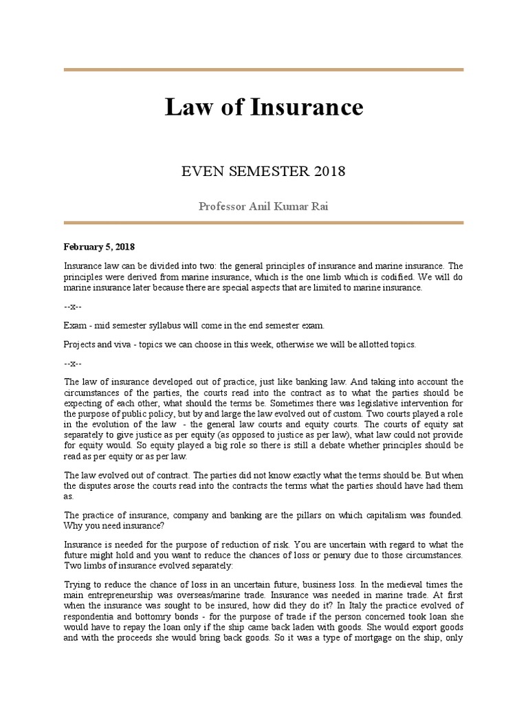 Law of Insurance | PDF | Insurance | Indemnity
