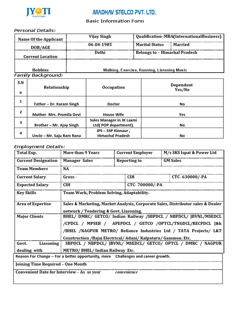 Basic Information Form for Vijay Singh | PDF | Business