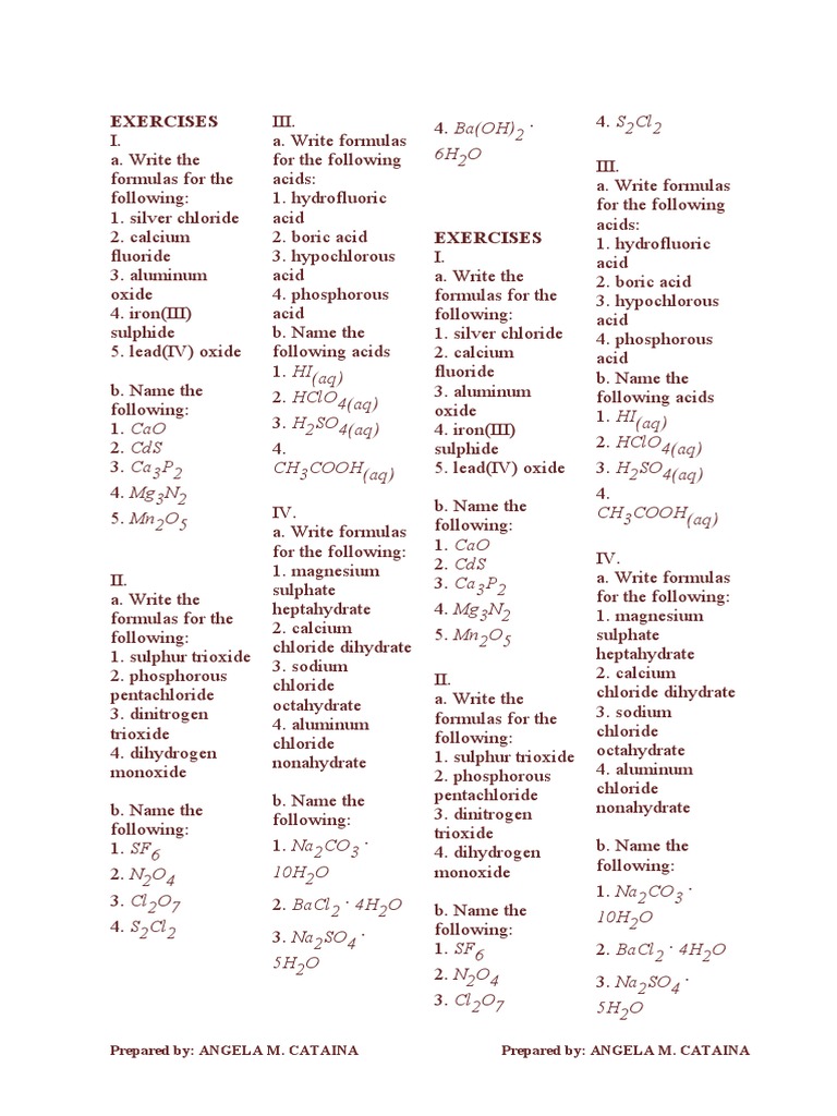 Chemical Formulas and Naming Exercises | PDF | Chloride | Oxide