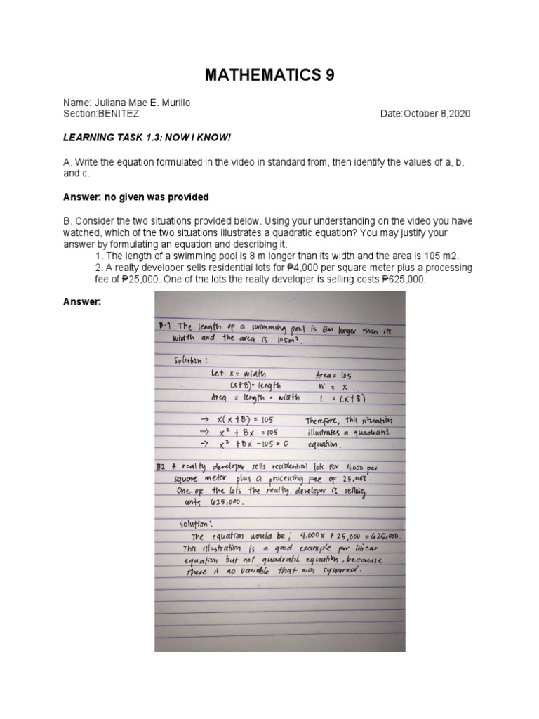 Quadratic Equations in Real-Life Scenarios | PDF