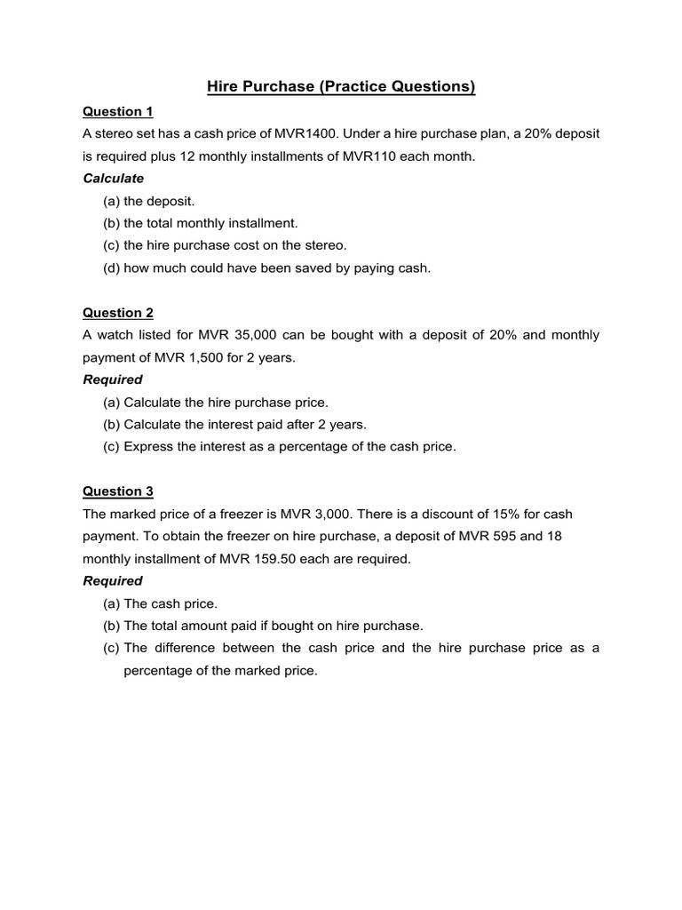 Hire Purchase (Practice Questions) : Calculate | PDF | Discounting ...