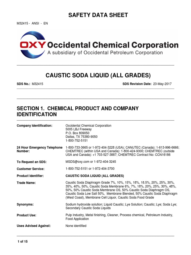 Caustic Soda Liquid Safety Data Sheet | PDF | Dangerous Goods | Sodium ...