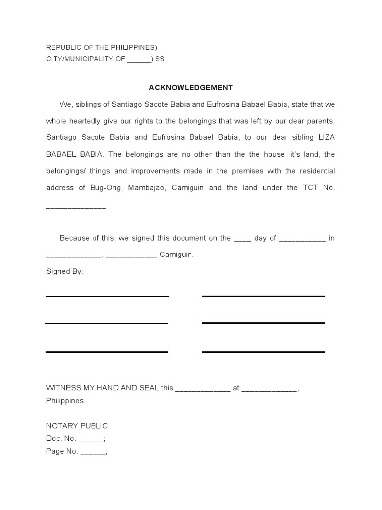 Acknowledgement: Republic of The Philippines) City/Municipality of ...