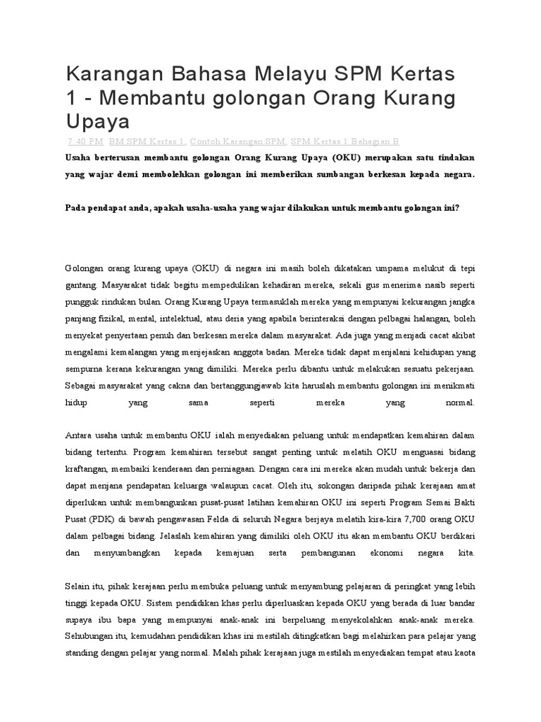 Karangan Bahasa Melayu Spm Kertas 1 Membantu Golongan Kurang Upaya Pdf