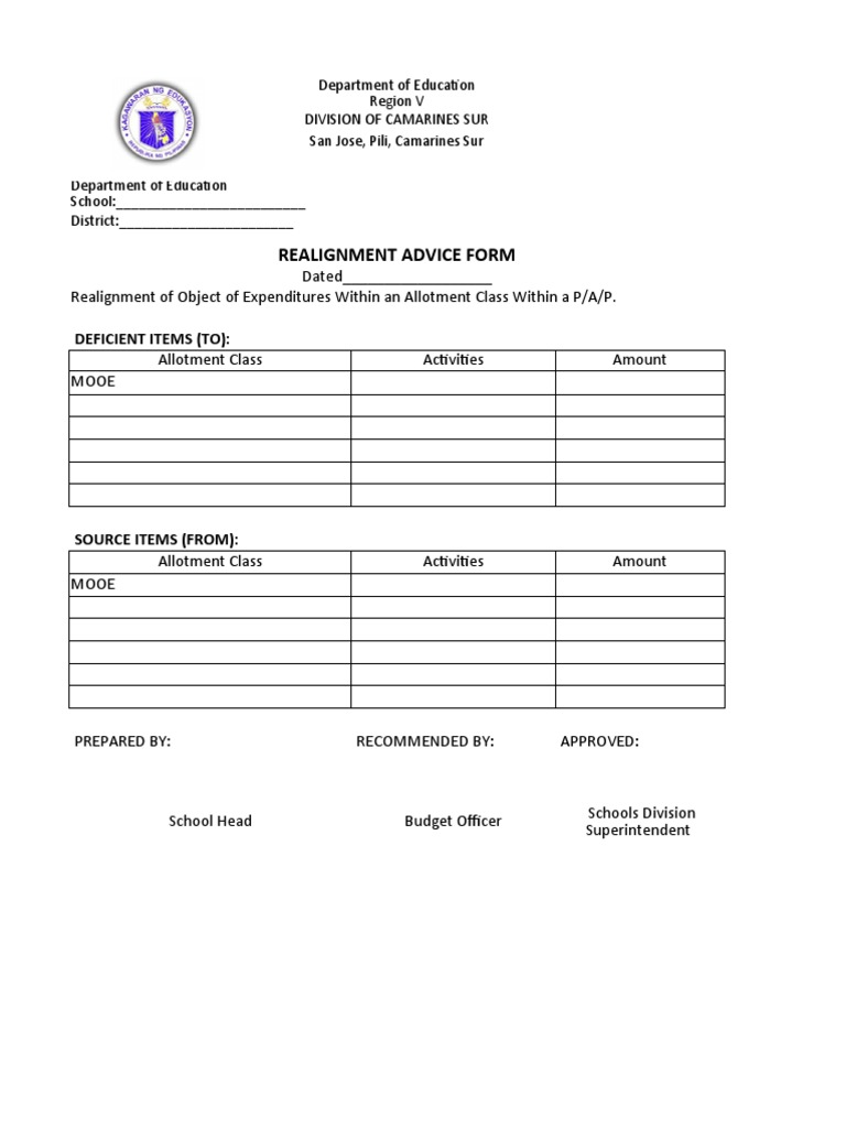 Realignment Advice Form for Expenditures | PDF | Mail | Supply Chain ...