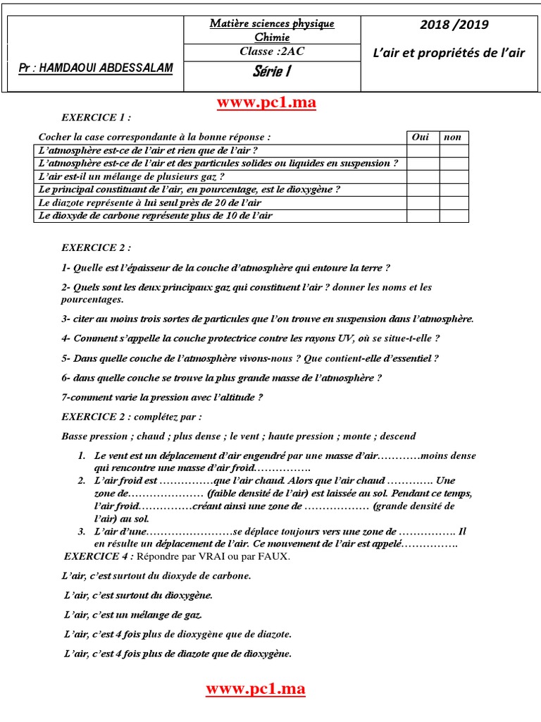 Lair Qui Nous Entoure 4ème Exercices Corrigés 2AC L'Air Et Propriétés de L'air Prof - Hamdaoui (WWW - Pc1.ma) | PDF |  Atmosphère de la Terre | Gaz