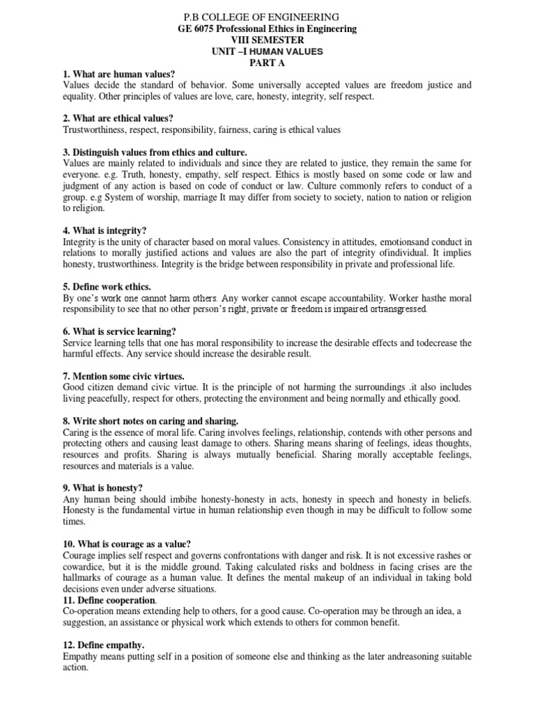 Ge 6075 Professional Ethics 2 Marks With Answers | PDF | Morality ...