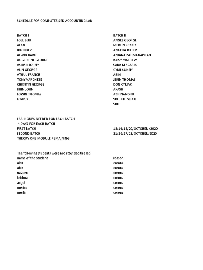 Computerised Accounting Lab Schedule | PDF