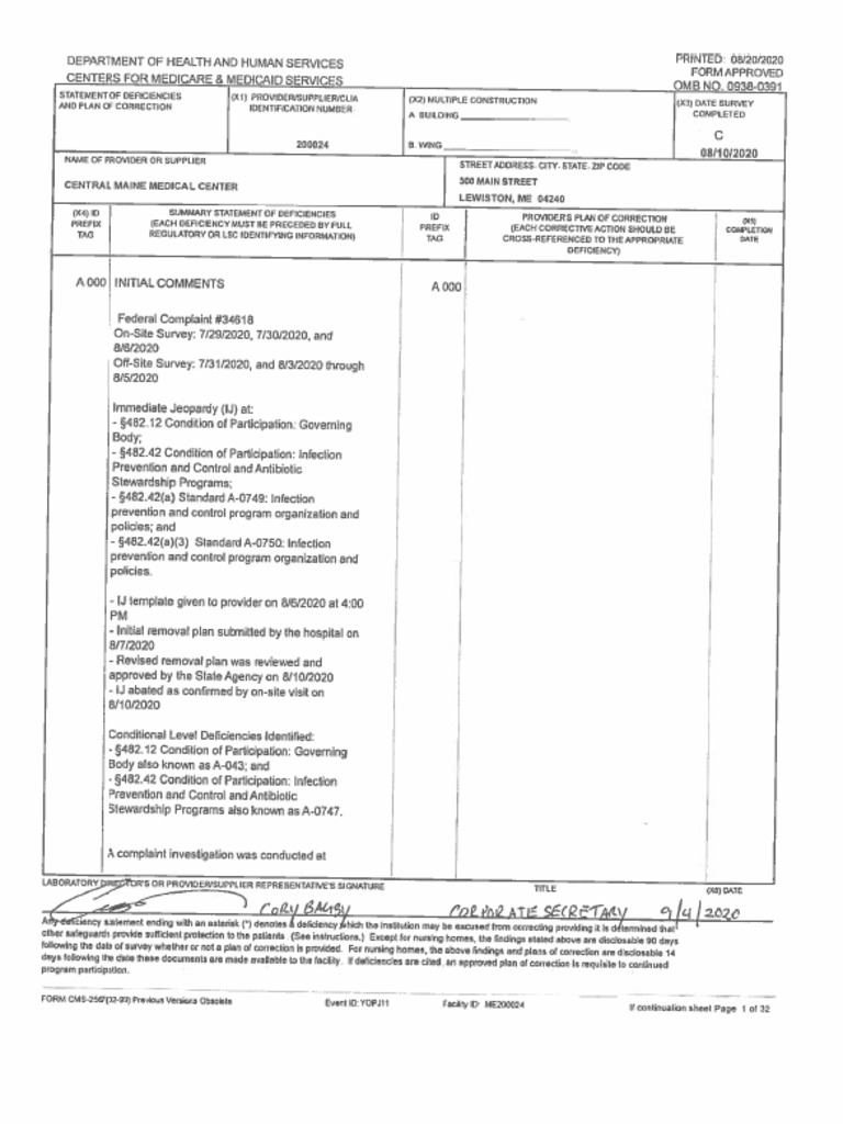 Statement of Deficiencies and Plan of Correction 9/4/2020 PDF