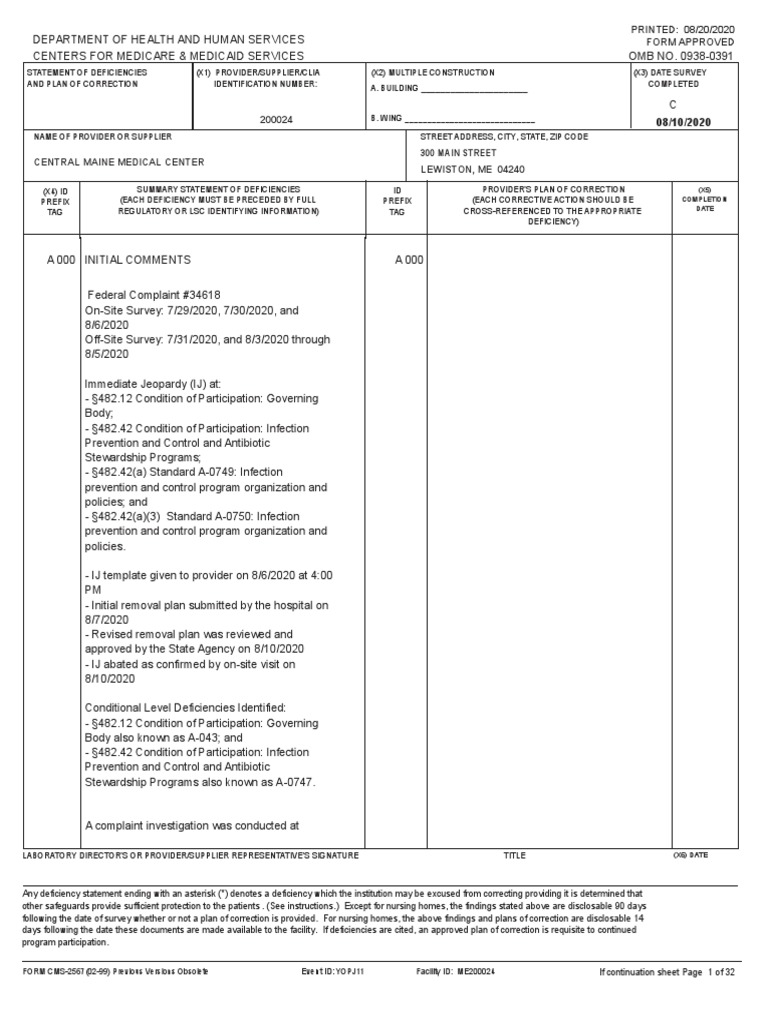 Statement of Deficiencies and Plan of Correction 8/10/2020 PDF