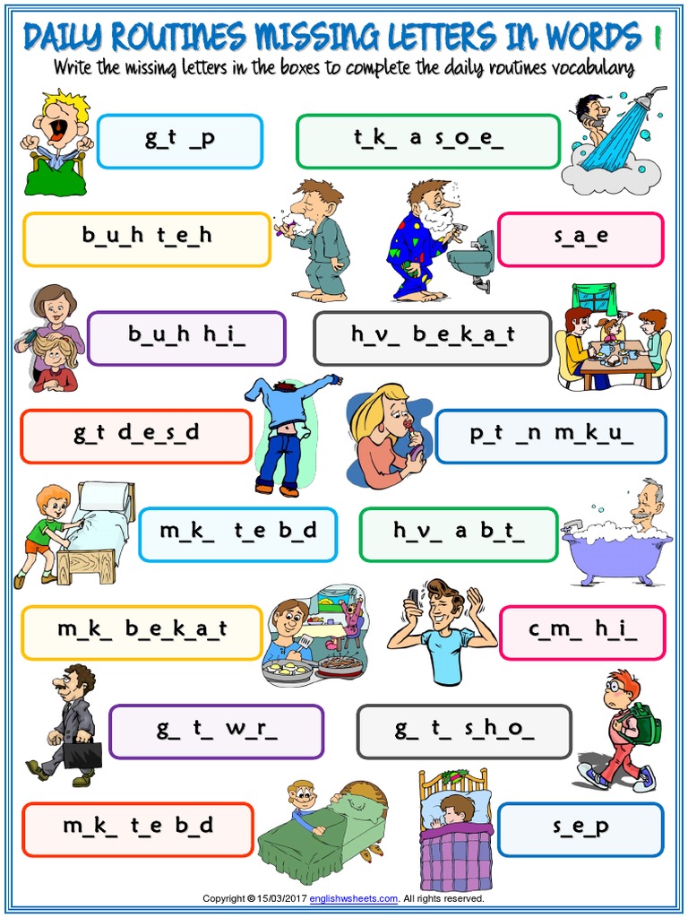 Daily Routines Vocabulary Esl Missing Letters In Words Worksheets For Kids