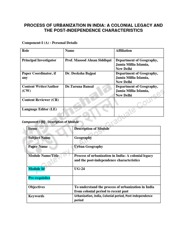 Process of Urbanization in India: A Colonial Legacy and The Post