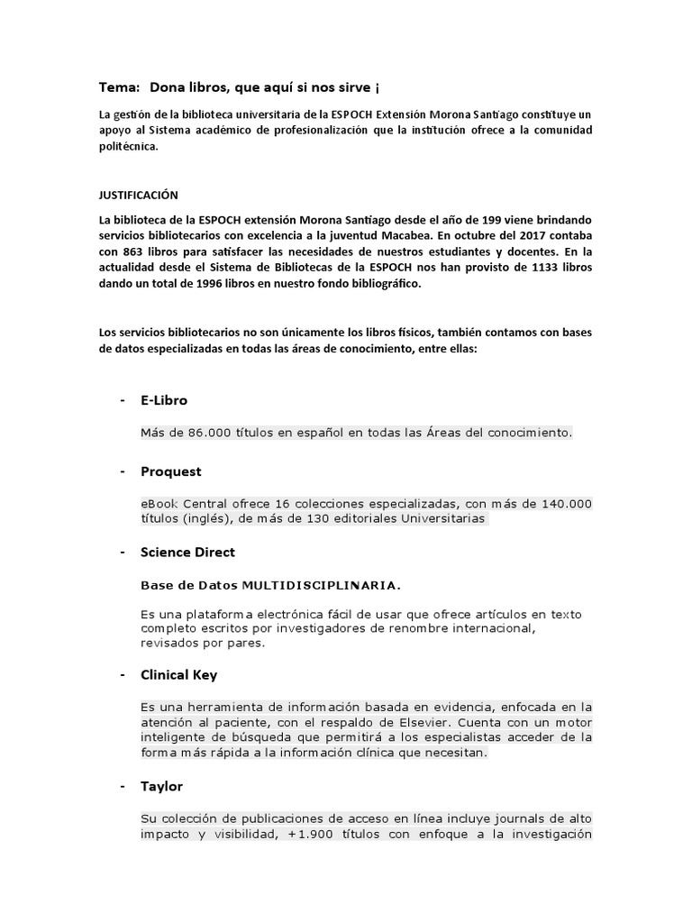Donación de Libros para la ESPOCH | PDF | bibliotecario | Bibliotecas