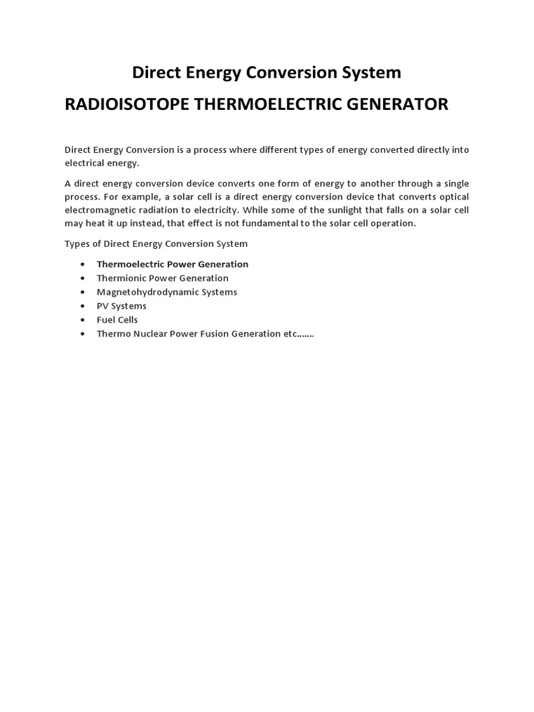 Direct Energy Conversion System Radioisotope Thermoelectric Generator PDF Forms Of Energy