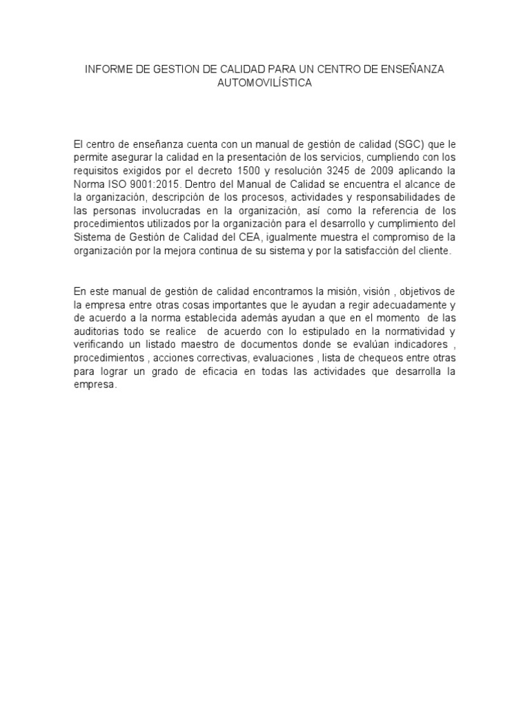 Informe de Calidad del CEA Conducaldas | PDF