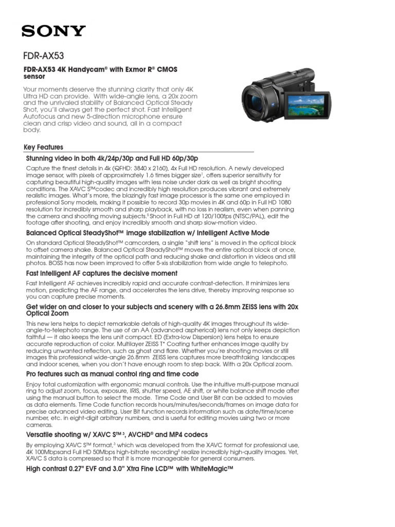 Sony FDR-AX53 4K AX53 4K Handycam | PDF | Image Stabilization | Camera