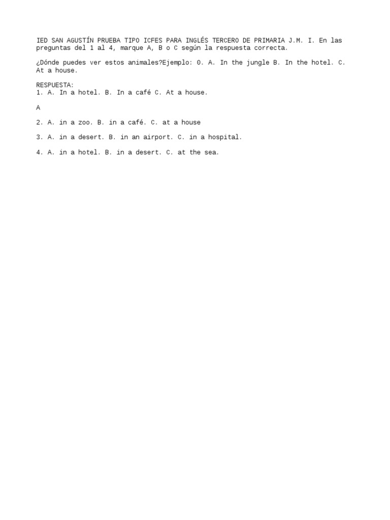 Prueba ICFES Inglés Tercero Primaria | PDF | Artes del Lenguaje y ...