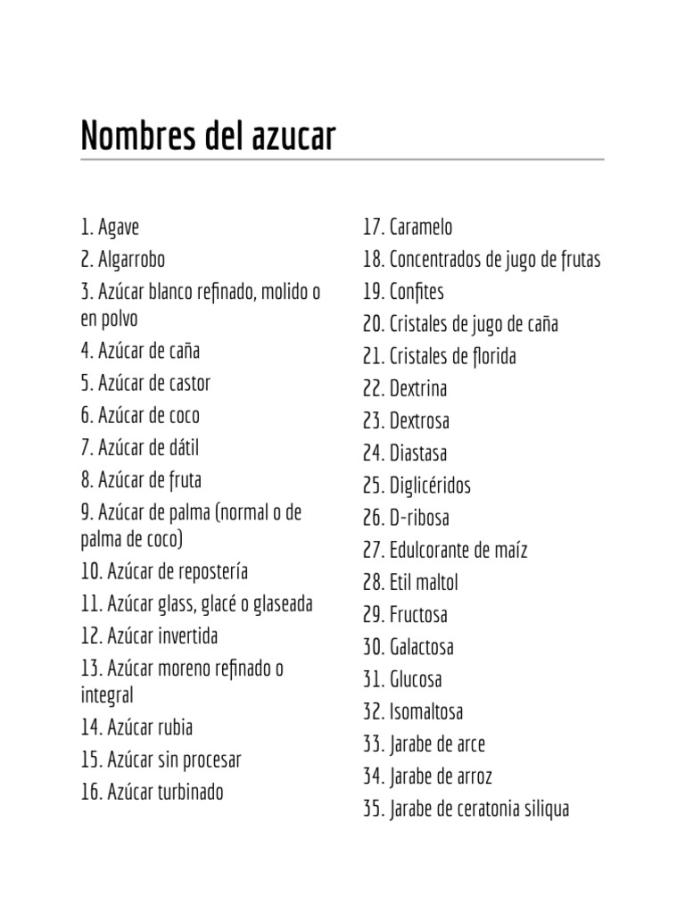 Nombres y tipos de azúcares | PDF | Cocina, comidas y vino