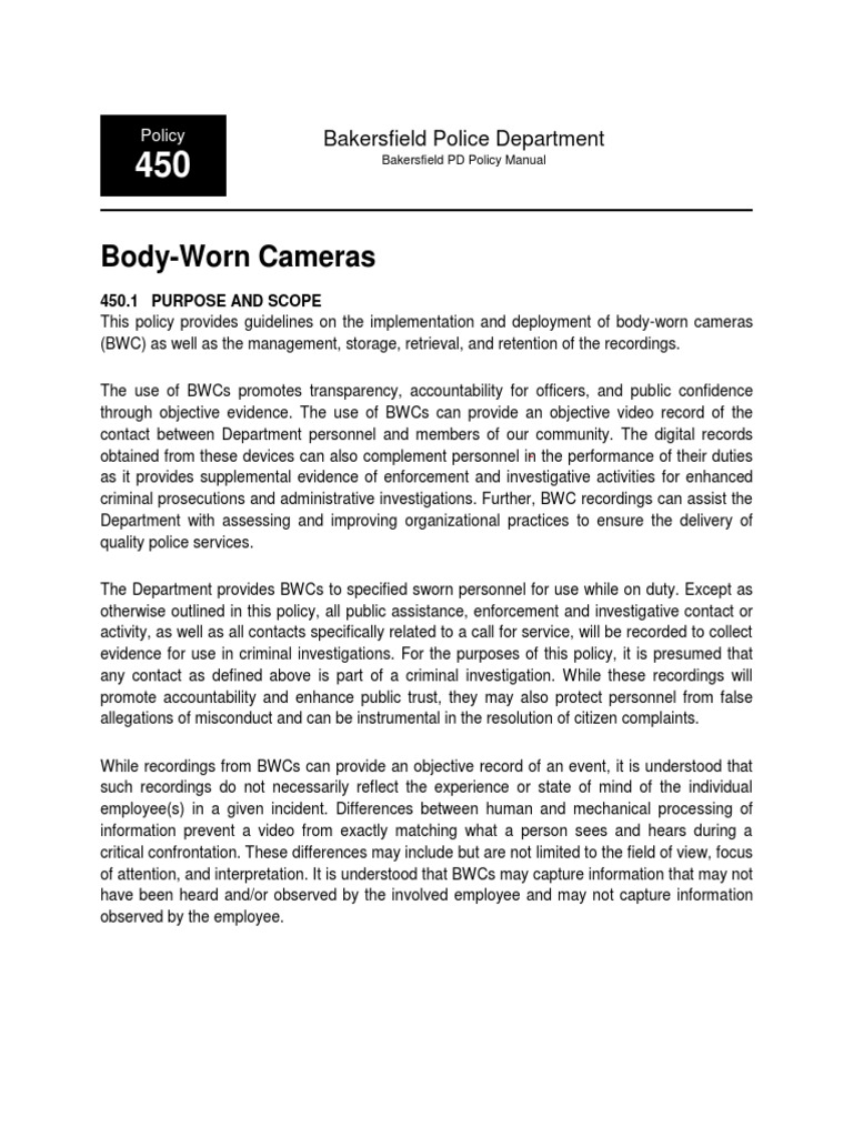Bakersfield Police Department Body Worn Camera Policy | Download Free ...
