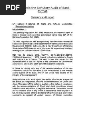Analysis The Statutory Audit Of Bank Format Auditor S Report Audit