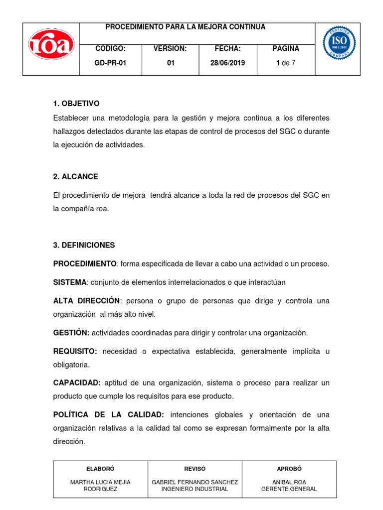 Procedimiento Mejora Continua | PDF | Sistema de manejo de calidad ...