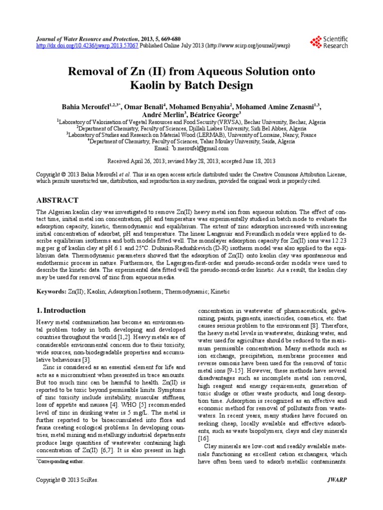Removal of ZN (II) From Aqueous Solution Onto Kaolin by Batch Design ...