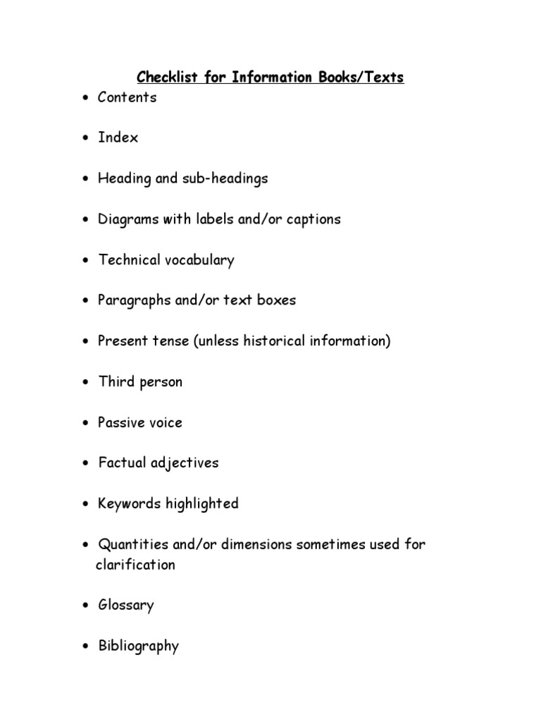 Checklist For Information Books/Texts | PDF | Grammar | Onomastics