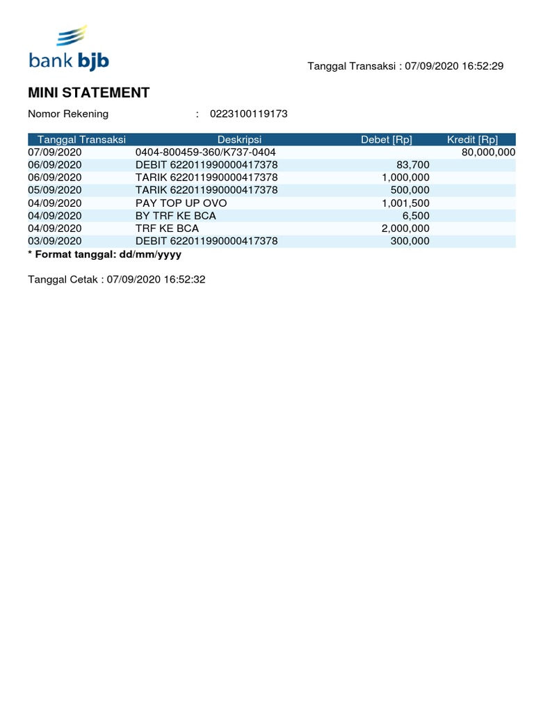 Mini Statement Overview: Debet Transactions | PDF