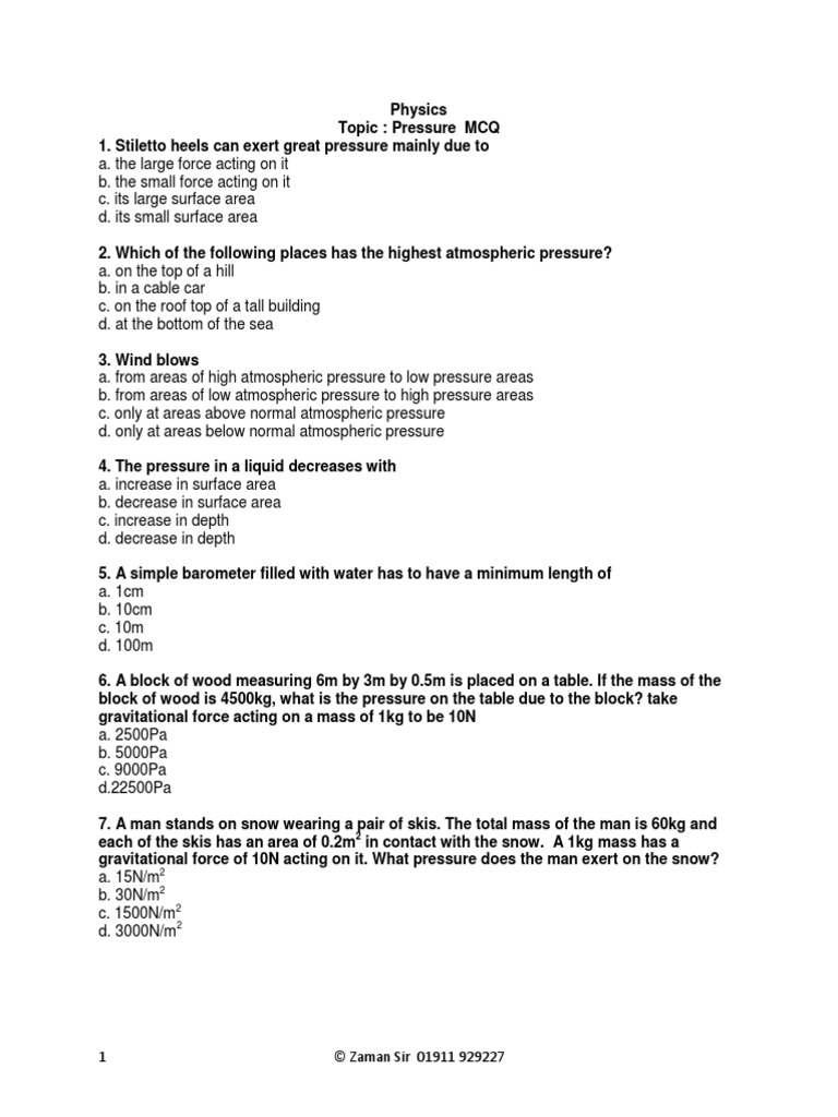 Pressure Mcq Pdf Atmospheric Pressure Pressure