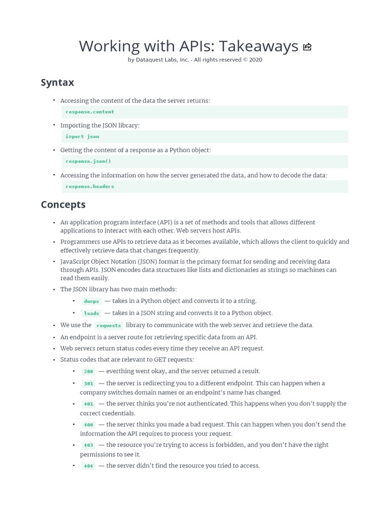 Working With Apis: Takeaways: Syntax | PDF | Application Programming ...